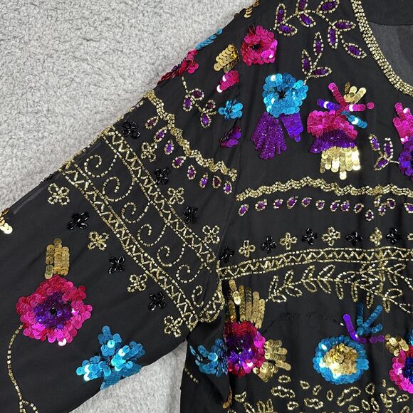 Vintage Draper’s & Damon’s 1X Silk Sequin Beaded Floral Jacket Black Glam - Picture 4 of 16